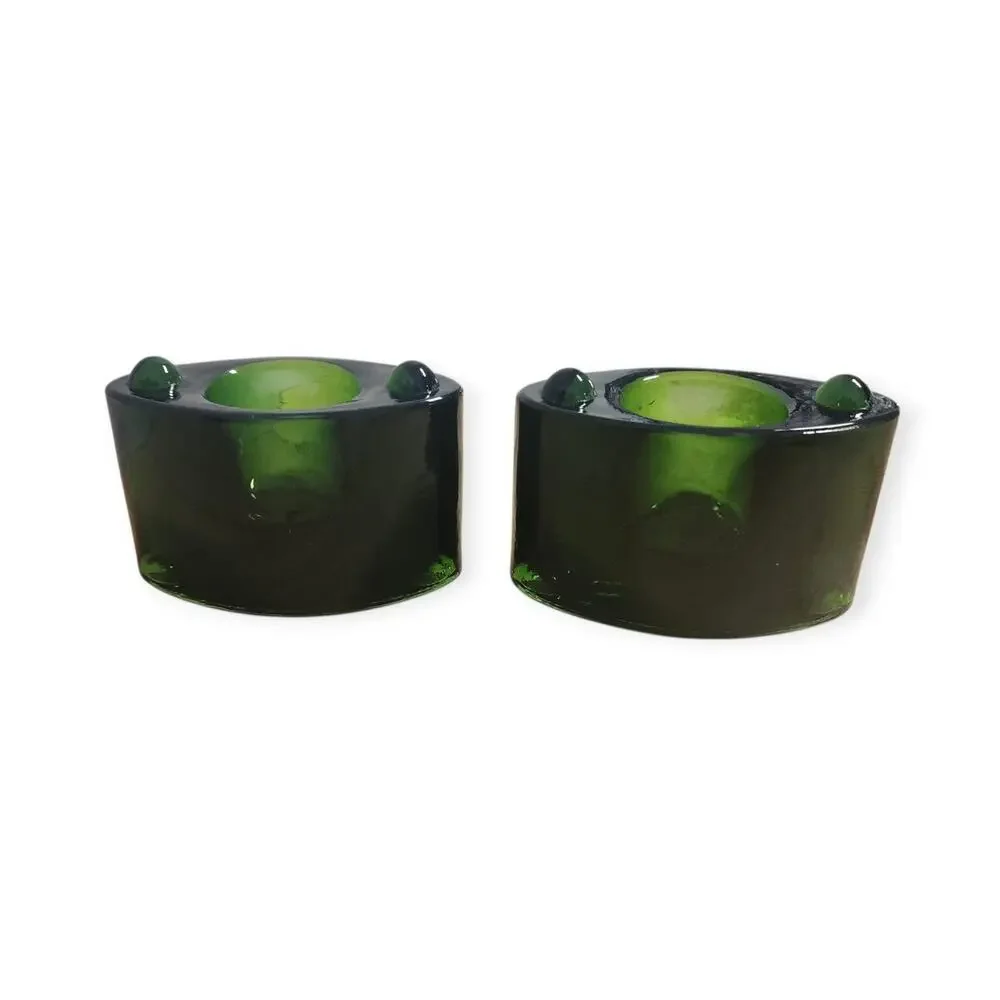 Vintage MCM Green Cats Eye Glass Single Votive Candle Holders Pair of 2